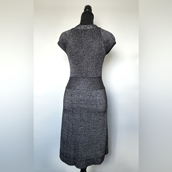 Kenar Women's Metallic Stretch Knit V-Neck A-Line Dress Black Silver  Shimmer S